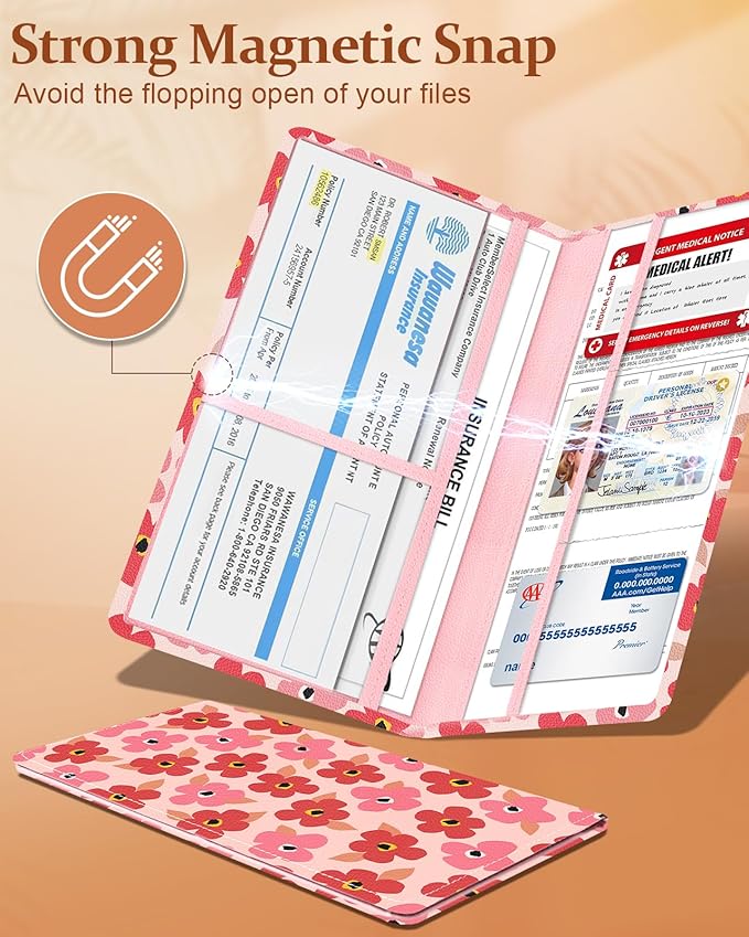 Slohif Car Registration and Insurance Card Holder - Floral Vehicle Glove Box Organizer Women with Magnetic Shut Leather Automobile License Holders Coasters Auto Accessories Case for Document