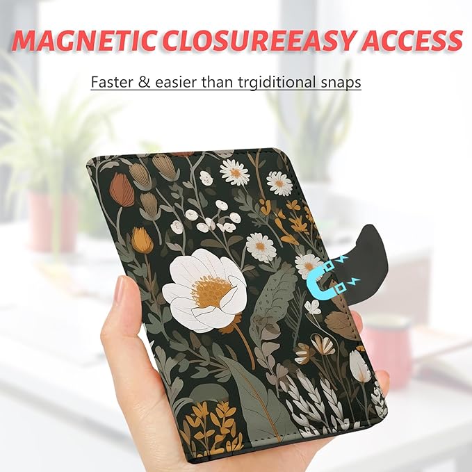 Passport Holder, Travel Wallet Cover with Pen Loop | Cute RFID Blocking Leather Case with Magnetic Closure for Travel Essentials-flower