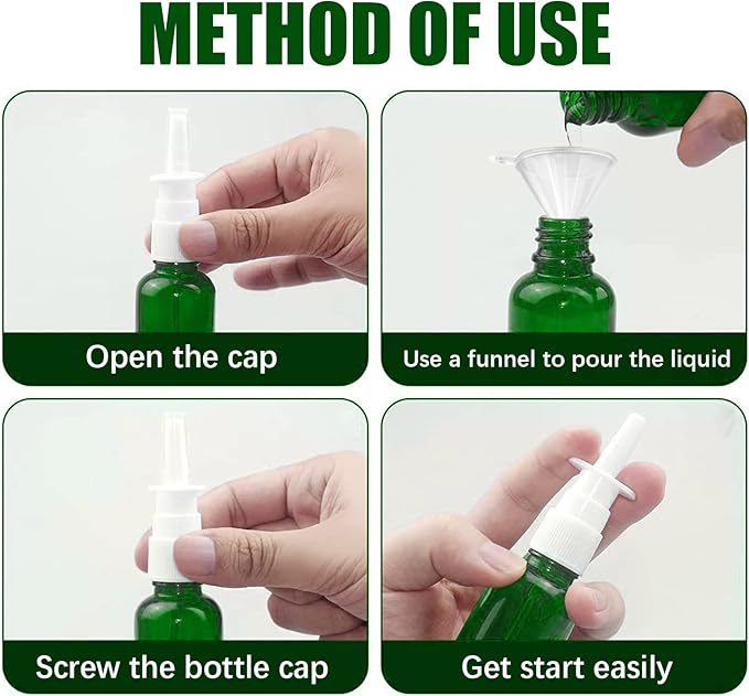 Cupohus Nasal Spray Bottle, 3 Pcs 30ML/1oz Green Glass Refillable Fine Mist Sprayers Atomizers, Travel Sized, Empty Nasal Sprayer with Funnels and Labels