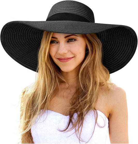 Senker Fashion Sun Hats for Women Oversize Wide Brim Straw Beach Hat Floppy Foldable Roll-Up Summer Vacation UPF 50+