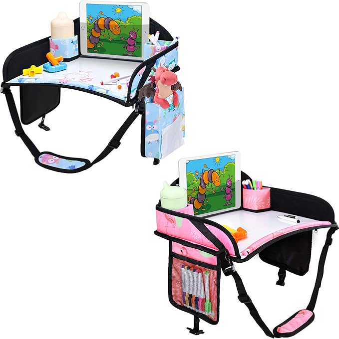 WENRENER 2PCS Kids Travel Tray, Car Seat Tray for kids Travel, Toddler Road Trip Essentials With Drawing Kit, Toddler Lap Desk Organizer for Car, Carseat Table for Airplane