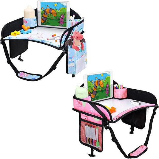 WENRENER 2PCS Kids Travel Tray, Car Seat Tray for kids Travel, Toddler Road Trip Essentials With Drawing Kit, Toddler Lap Desk Organizer for Car, Carseat Table for Airplane