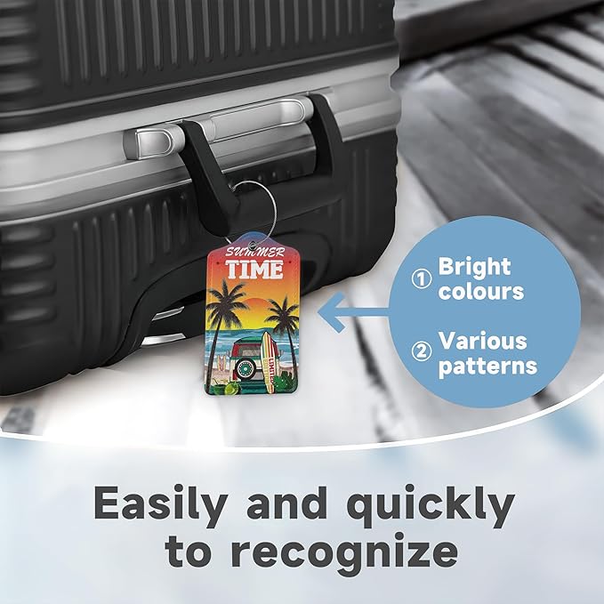 Retro Bus Luggage Tags for Suitcases,2 Pack Surfboard Palm Luggage Tag,Leather Stainless Steel Loop Label Tag for Women Men Girls Travel Bag Suitcase
