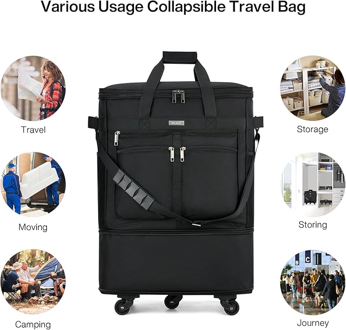 MILADA Expandable Luggage Bags for Travel Foldable Suitcase with Wheels Collapsible Rolling Travel Duffle Bag Lightweight Large Suitcases without Telescoping Handle, Black