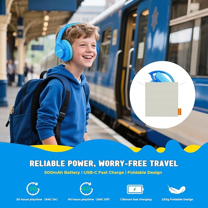 Nova1Lite Kids Wireless Active Noise Cancelling Headphones, Bluetooth 5.3, Safe Volume 74/85/94dB, Real 40H Battery, Type-C Fast Charging, boy Girl Built-in Mic for School Travel Airplane