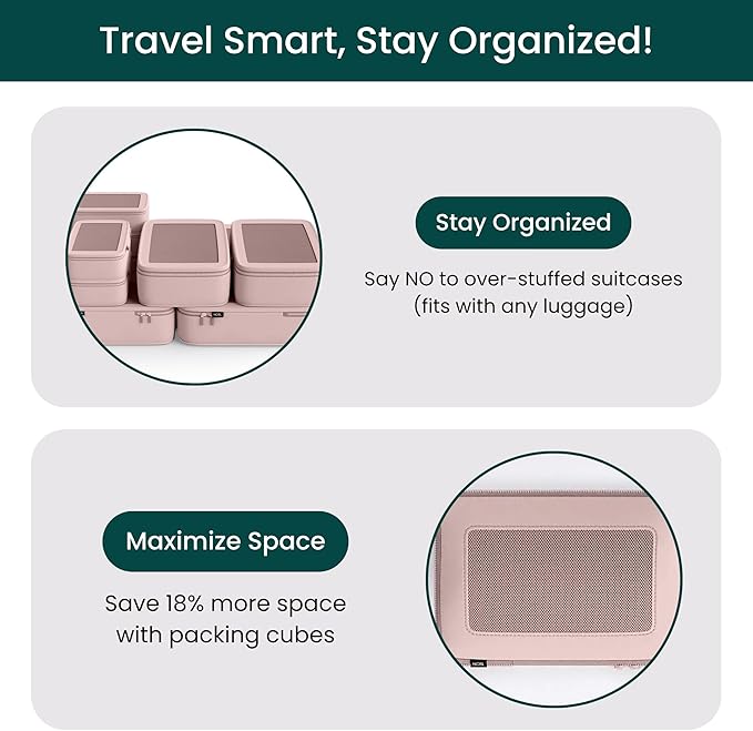 NOBL Travel Compressible Packing Cubes Set, 6 Pieces Travel Packing Organizers, Compression Luggage Cubes for Suitcases & Carry On, Space Saving (XXS, XS, S, M, L, XL) - Pink