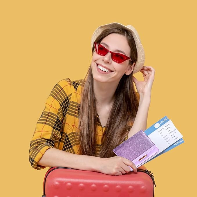 Caweet Passport Holder and Vaccine Card Holder Combo RFID Blocking Leather Vaccination Card Wallet with Elastic Band Closure, Glitter Purple