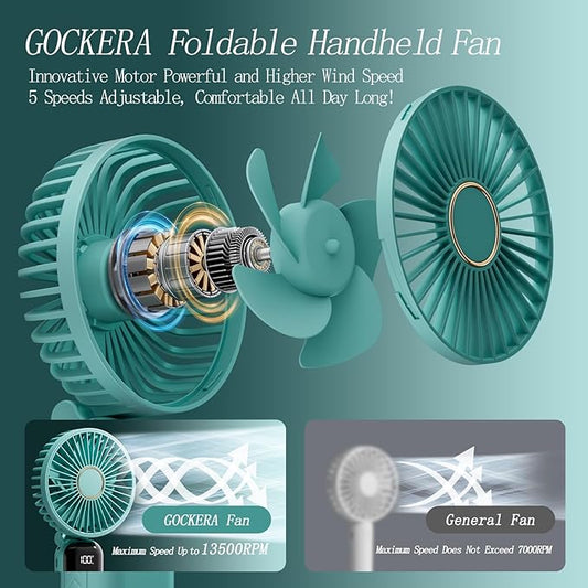 Portable Fan, 4200mAh Battery Operated Fan, 5 Speeds&Digital Display, Makeup Fans for Women with Base, 180°Foldable 3in1 Handheld/Neck/Desk Fan for Outdoor Indoor,Ultra Quiet (Green)