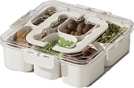 Divided Veggie Tray with Lid and Handle 6 Compartment Serving Tray with Dividers Portable Travel Snack Containers Stackable Snackle Box Charcuterie Container for Fruit,Vegetable,Salad (6 Containers)