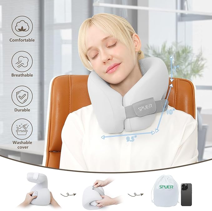 2in1 Ergonomic Memory Foam Travel Neck Pillow, Travel Pillow for All Sleep Positions on Flights, Road Trips, and Long Distance Travel with Drawstring Bag (Adjustable Hook & Loop Tape)