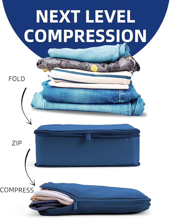 6 Set Compression Packing Cubes for Travel, Large Medium Small Luggage Organizers, Storage Bags for Clothes (6 Pack, Dark Blue)