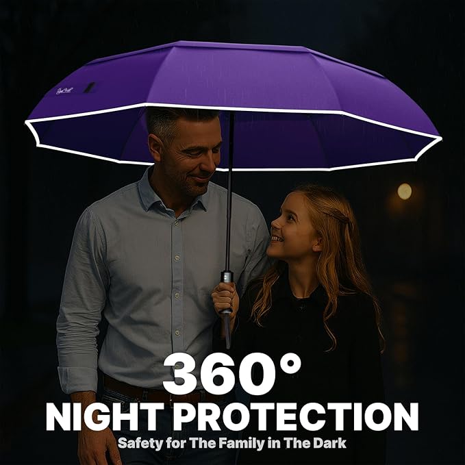 Royal Walk Windproof Folding Travel Umbrella Compact and Strong Luxurious Real Wood Handle Automatic Open Close Vented Double Canopy for Men and Women