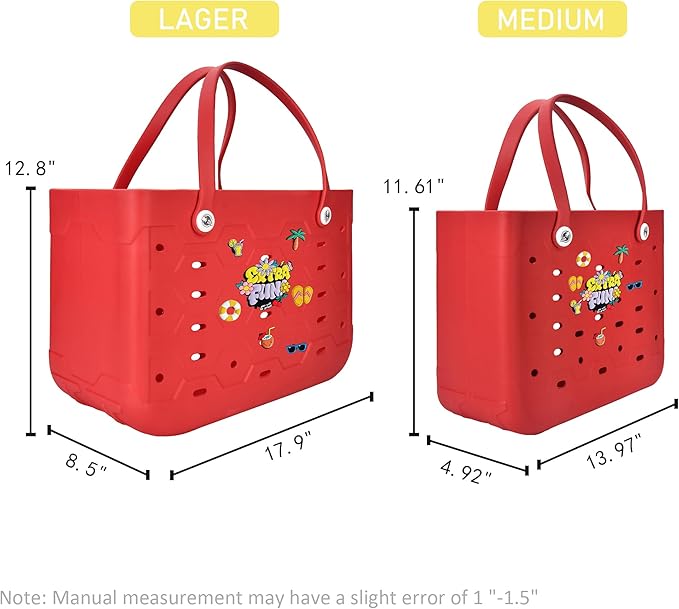 2-Piece Tote Bag Set, Waterproof Rubber Beach Bag with Summer Pattern, Medium & Large Handbag for Pool, Beach, Boat