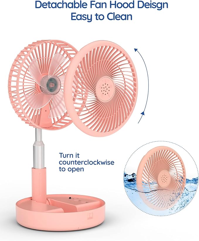 Primevolve Battery Operated Fan,Portable Rechargeable USB Floor Table Desk Fan with Adjustable Height,4 Speed Settings Pedestal Fan for Bedroom Camping Travel,Pink 7.7"