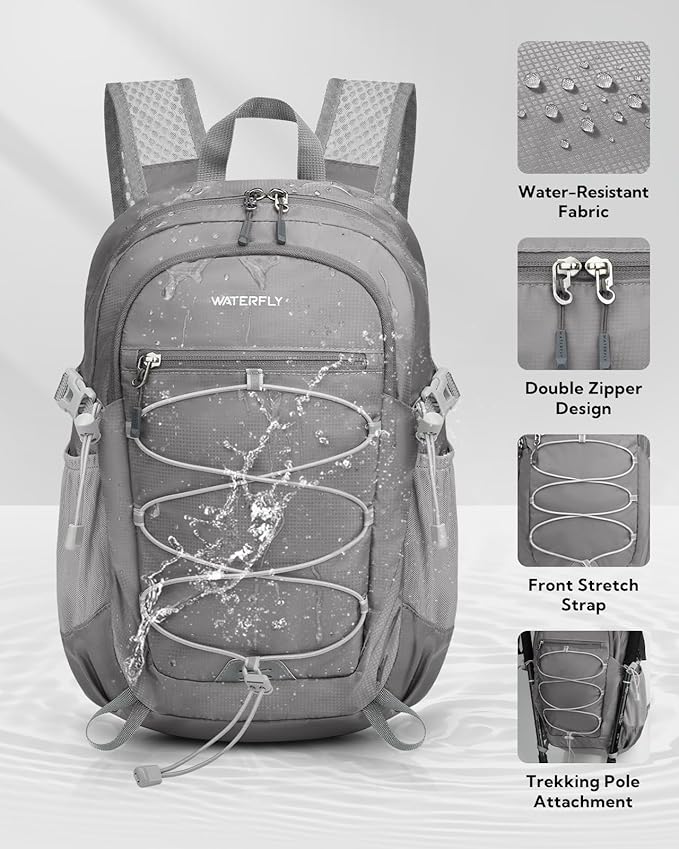 WATERFLY Small Lightweight Packable Backpack: 15L Mini Ultra Light Foldable Travel Daypack with Breathable Shoulder Strap Outdoor Hiking Camping Day Pack for Women Men Gray
