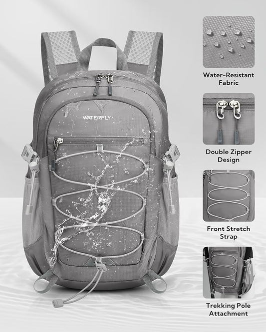 WATERFLY Small Lightweight Packable Backpack: 15L Mini Ultra Light Foldable Travel Daypack with Breathable Shoulder Strap Outdoor Hiking Camping Day Pack for Women Men Gray