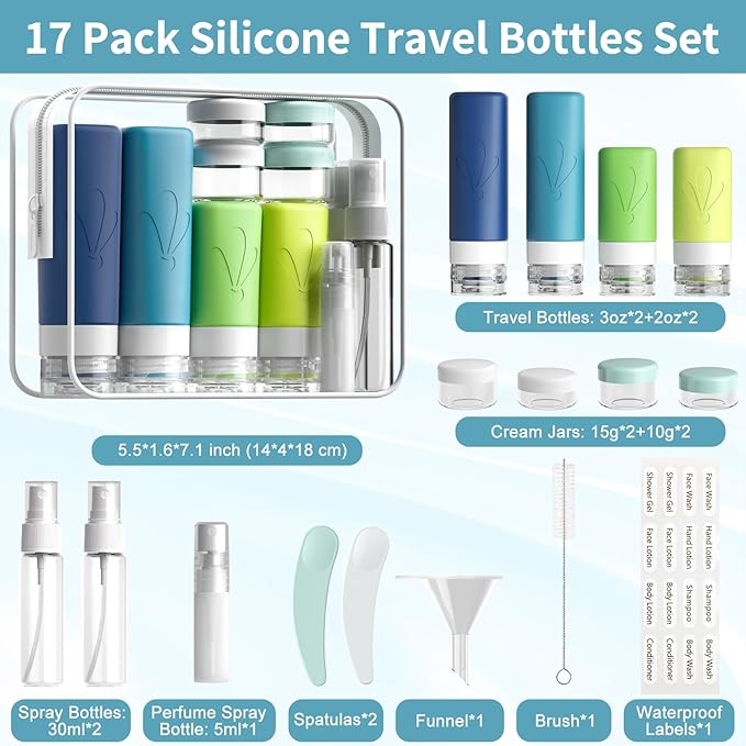 INSFIT Silicone Travel Bottles Set, 17 Pack Travel Size Toiletries, Leakproof Travel Bottles for Toiletries, Travel Accessories for Women, Airplane Travel Essentials, Travel Containers for Toiletries