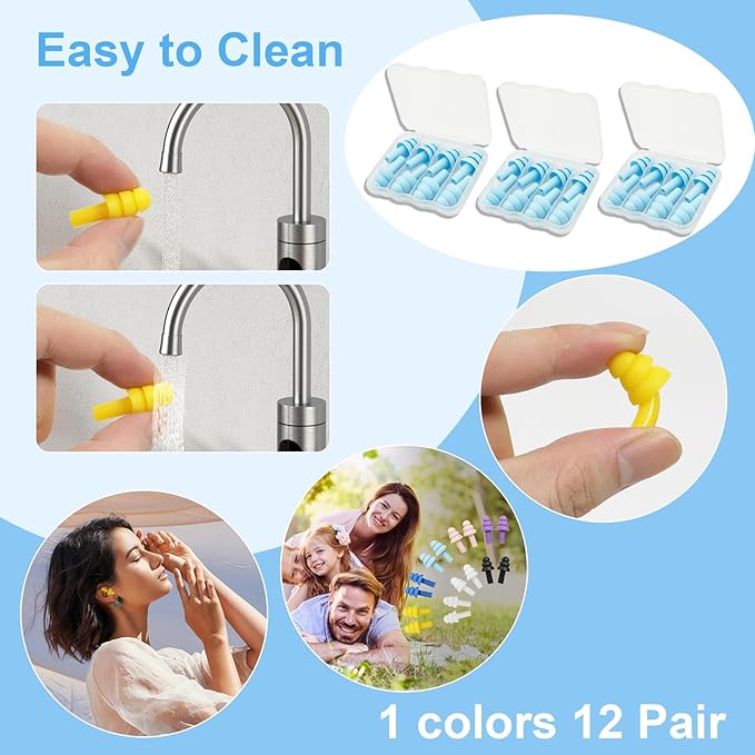 Ear Plugs for Sleeping,12 Pair Earplugs Noise Canceling Soft Silicone Ear Plug Reusable Earplugs for Sleep,Concert,Swimming,Study,Loud Noise,Snoring(Sky Blue)