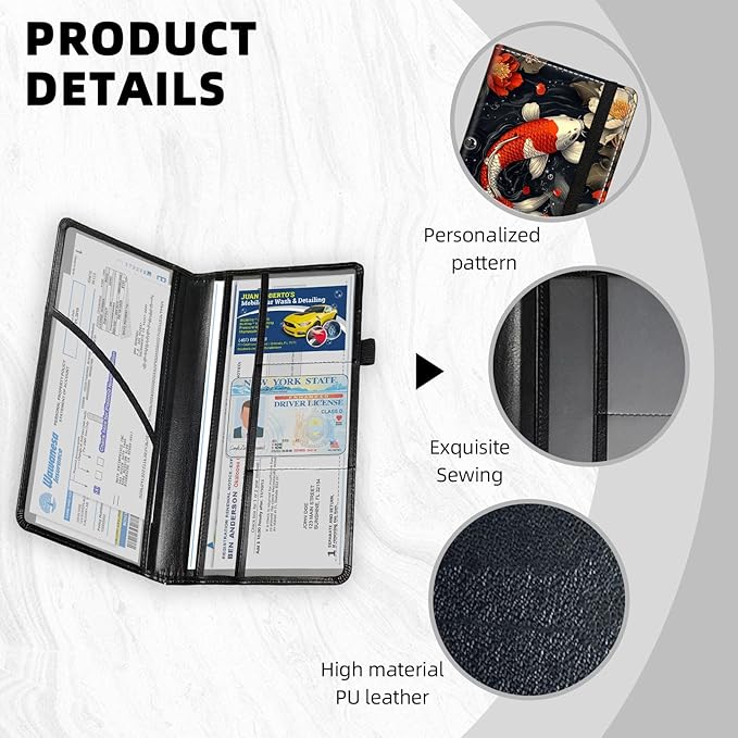 Car Registration and Insurance Holder PU Leather Vehicle Insurance and Registration Holders Wallet Case with Elastic Band Closure for ID Card, Driving Licence, Koi Fish Flowers