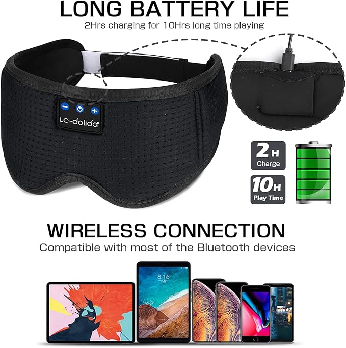 Sleep Headphones Sleep Mask with Bluetooth Headphones, LC-dolida Eye Mask for Sleeping Eye Pillow Sleeping Headphones for Side Sleepers Thin Speaker Cool Gadgets Gifts for Men&Women
