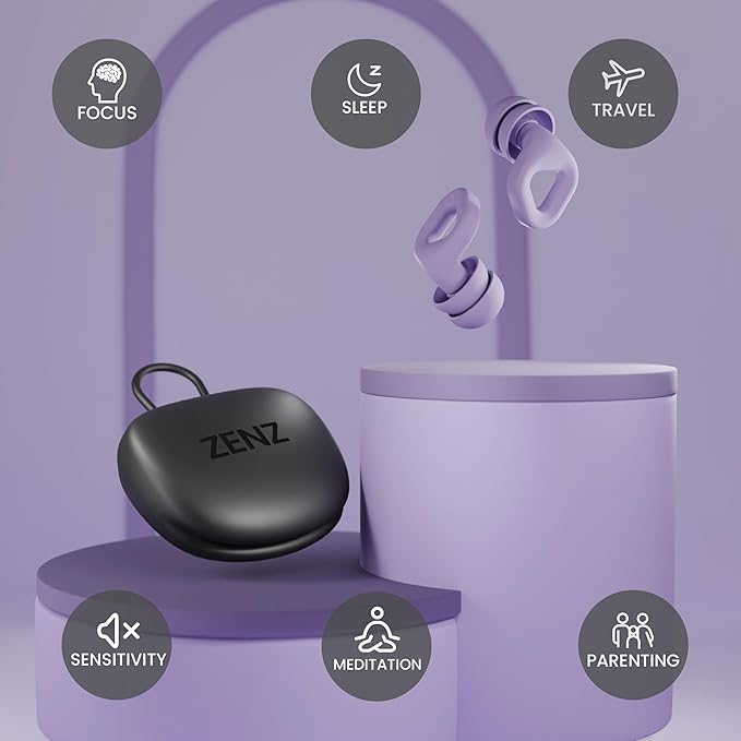 Zenz Unwind Pro Ear Plugs for Sleeping Noise Reduction – Soft Silicone Reusable Earplugs for Sleep, Focus & Work – 35dB Noise Reduction with Storage Case – XS/S/M/L Eartips (Nebula Purple, One Size)