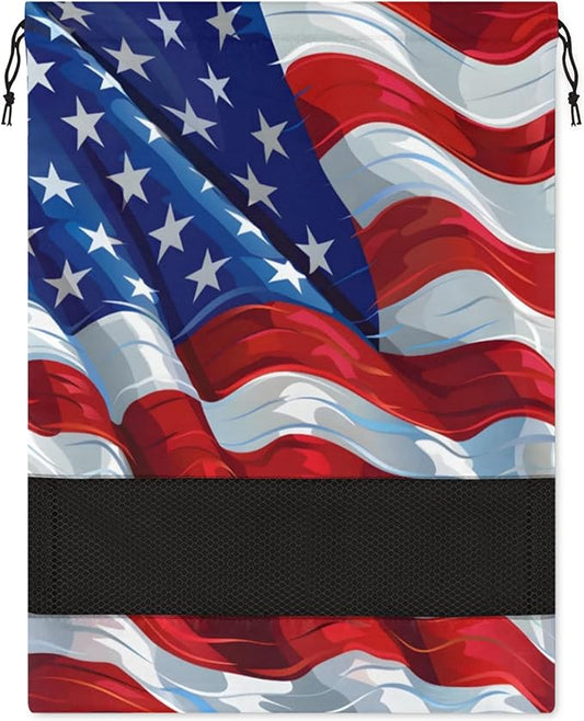 Flag US Travel Shoe Bag Waterproof Portable Shoe Bags for Storage with Drawstring,Breathable Mesh Washing Organizer for Laundry Sneakers Boots Dance Shoes