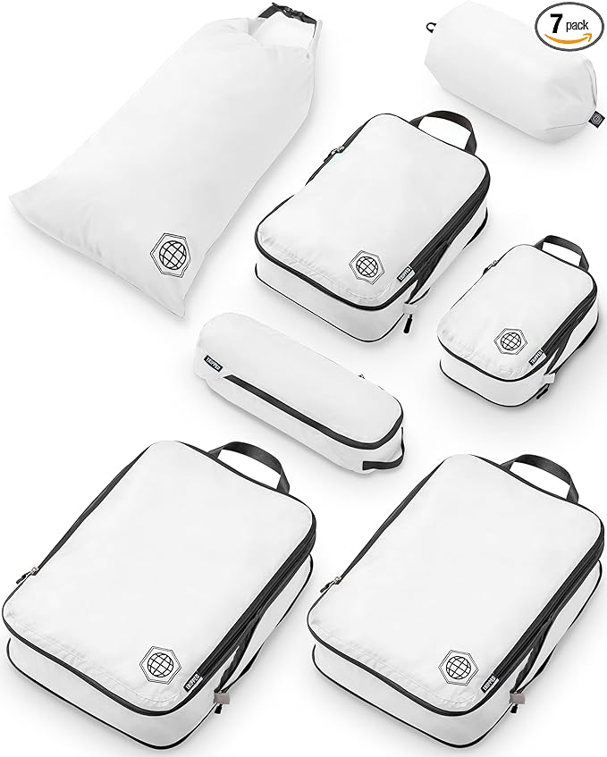 Large Compression Packing Cubes for Travel-Packing Cube Luggage Organizers 7 Piece Set for Checked Luggage-Ultralight, Expandable/Compression Bags by TRIPPED Travel Gear (White/Grey)