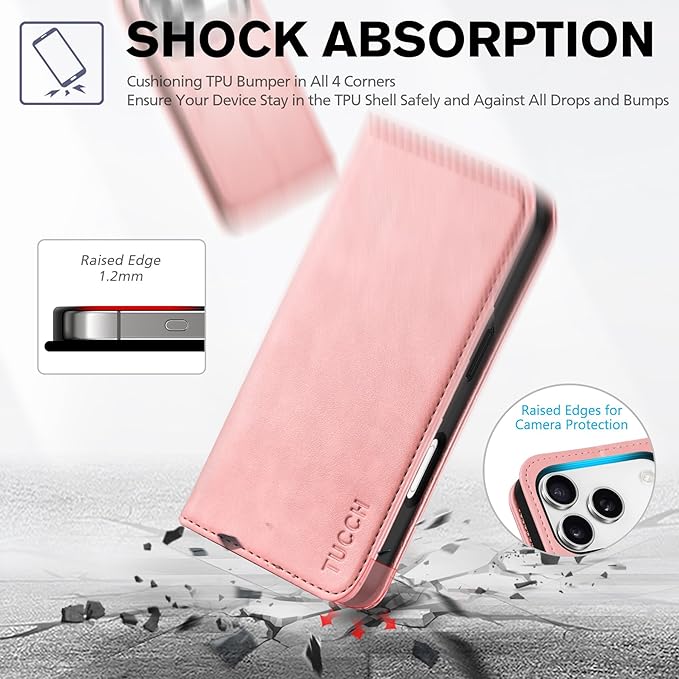 TUCCH Case Wallet for iPhone 17 Pro (6.3") 2025, RFID Blocking 3 Card Holders | Kickstand | PU Leather | Protective Flip Folio Cover | TPU Shockproof Interior Shell | Pink
