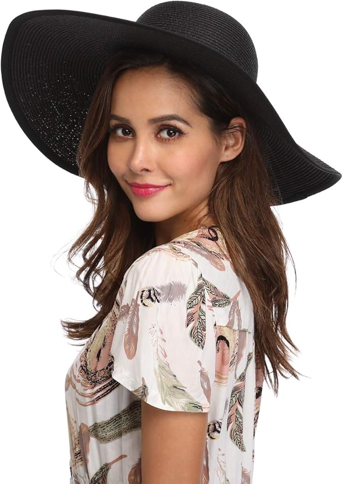 Lanzom Womens Wide Brim Straw Hat Big Floppy Foldable Roll up Cap Beach Sun Hat UPF 50+