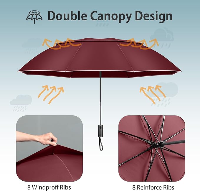 Urvoix Travel Umbrella Compact Windproof - Vented Double Canopy Umbrellas for Rain, Portable Umbrella Inverted Automatic Open Close with Reflective Strip
