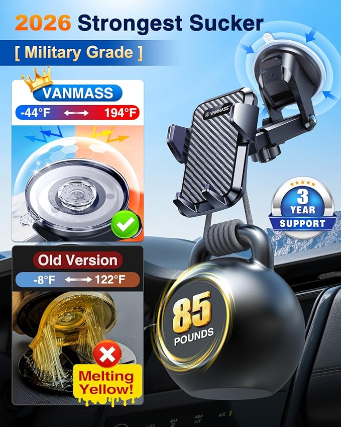 VANMASS【85+LBS Strongest Suction & Military-Grade Ultimate Car Phone Mount【Patent & Safety Certs】 Cell Phone Holder Truck for Dashboard Windshield Vent for iPhone 17 Pro Max 16 15 for Samsung Kits