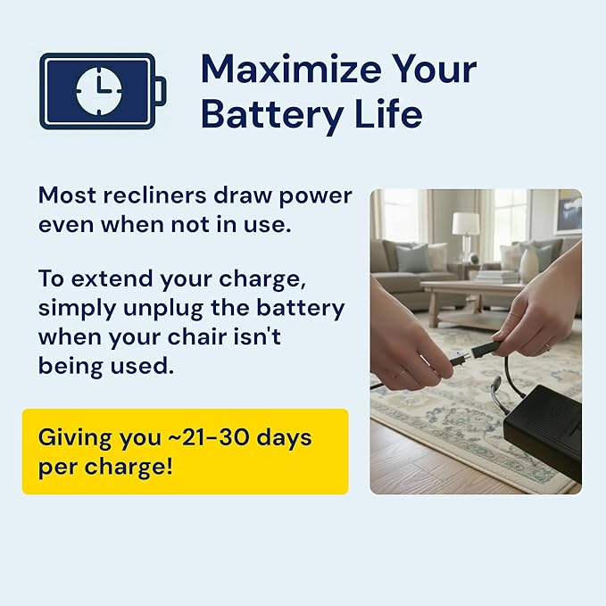 The Blue Cactus Max Power 5000mAh Kit - Battery, Power Transformer, Cords - 2-Pin Connector - Wireless with LED & Low Charge Alert - Couch Battery Pack for Reclining Chairs, Sofas & Loveseats
