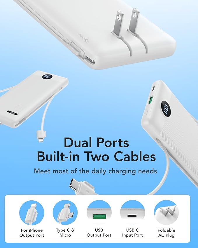 VRURC Portable Charger with Wall Plug, 10000mAh PD 20W Fast Charging Slim Portable Charger Built in Cables,Power Bank with Cords,USB C Portable Phone Charger Travel Accessories -White(1 Pack)