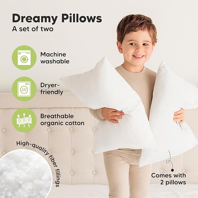 KeaBabies 2-Pack Toddler Pillow 14x20 - Soft Organic Cotton Kids Travel Bed Pillows for Sleeping, School, Nap, Machine Washable, Toddlers 2 to 5, Pillowcase Sold Separately (Soft White)