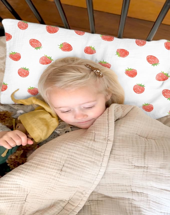 Toddler Pillowcases for 13"x18" Pillow 2 Pack, Muslin Small Toddler Baby Kids Travel Pillow Covers for Boys Girls with Envelope Closure (Strawberry & Pale Pink, 13 x 18 Inch)