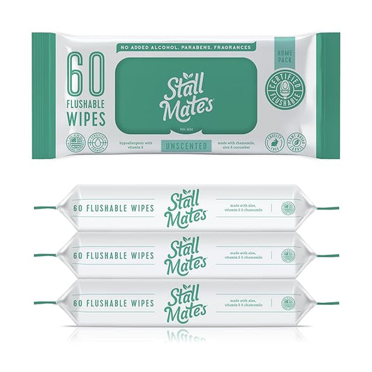 Stall Mates Wipes: Flushable Wipes | 60-Wipe Home Pack | Hypoallergenic | Unscented with Vitamin-E & Aloe | (4 Pack - 240 Total)