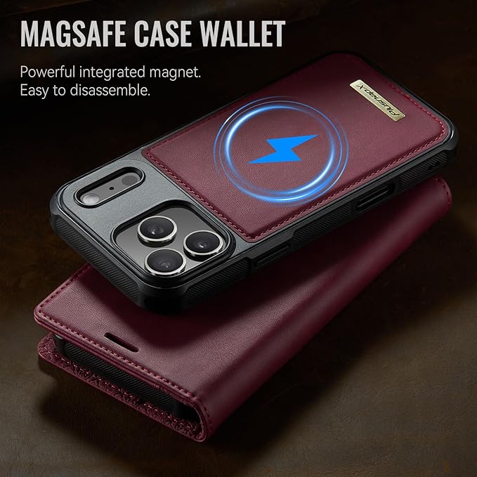 PlusnapX Wallet Case for iPhone 17 Pro Max Compatible with Magsafe, 2-IN-1 PU Leather Flip RFID Blocking Card Holder Stand Shockproof Magnetic Detachable Case for iPhone 17 Pro Max Case 6.9", Burgundy