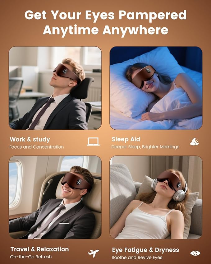 Heated Eye Mask - Cordless Eye Mask for Dry Eyes, Eye Relief, Improved Sleep, Timed Shutdown, 4 Temperature, Washable Eye Heating Pad for Travel, Removable for Cleaning - Brown