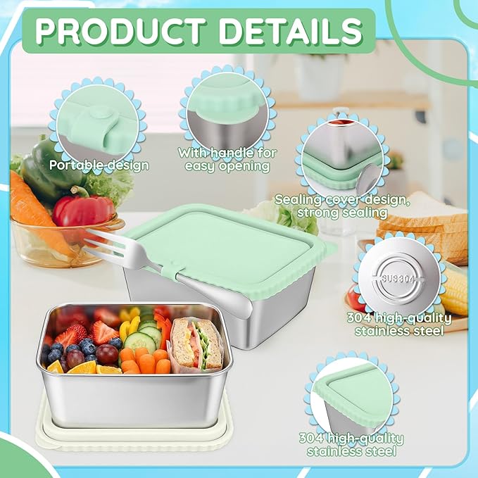 Acellegic Stainless Steel Snack Containers with Silicone Lids, 15 oz Reusable Food Storage Deli Containers for Meal, Leak Proof, Easy Open BPA Free Daycare and School(Beige, Green,2 Pack)