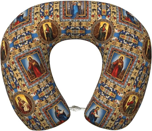 Comfortable Memory Foam Travel Neck Pillow, Funny Chin/Head Cushion Supporting Airplane Car Pillows Catholic Saints Images for Sleeping Outdoors Travel Office