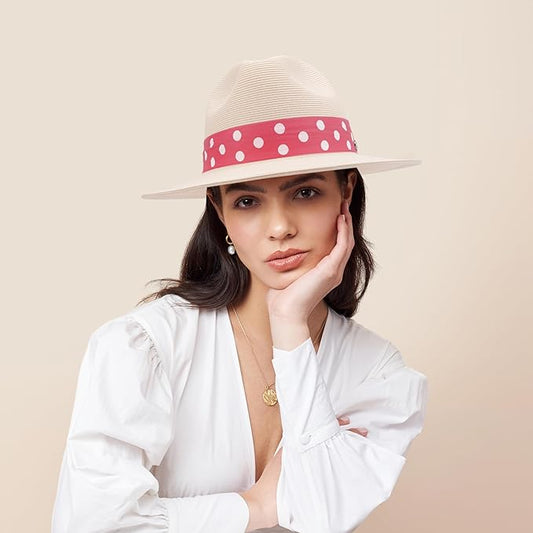 Pineapple&Star Sun Straw Fedora Beach Hat Fine Braid UPF50+ for Women