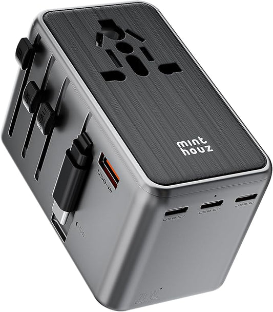 Minthouz Universal Travel Adapter, International 70W Power Adapter GaN Fast Charger with 3 USB-C PD, 1 USB-C Cable & A Ports, All-in-One Portable AC Power Plug Adapter for USA EU UK AUS