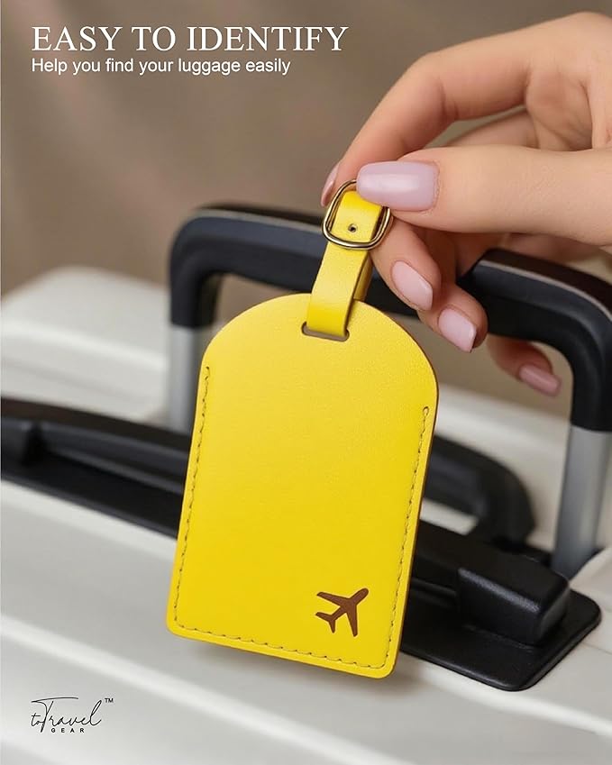 Luggage Tags for Suitcases,2 Pack PU Leather Privacy Protection Bag Tags Travel Accessories Essentials,Lemon Yellow