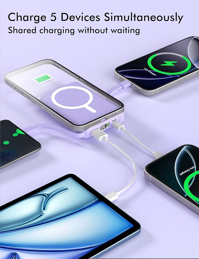 podoru for Magsafe Battery Pack, 10000mAh Magnetic Power Bank Built-in Double USB C Cables 22.5W PD Fast Charging LED Display Wireless Portable Charger for iPhone 17/16/15/14/13/12 Series-Purple
