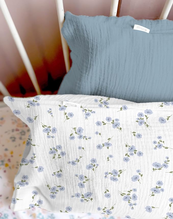 Toddler Pillowcases for 13"x18" Pillow 2 Pack, Muslin Small Toddler Baby Kids Travel Pillow Covers for Boys Girls with Envelope Closure (Flower I & Light Blue, 13 x 18 Inch)