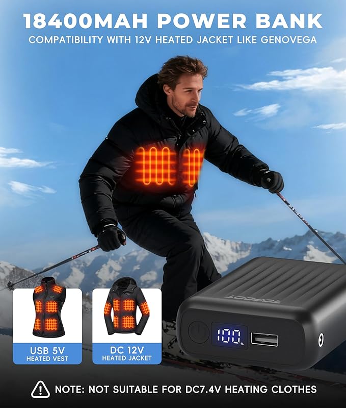 Topdot 12V/5V 2A 18400mAh Heated Jacket Battery Pack Compatible with SOLJIKYE, Wulcea, Genovega, Portable Power Bank for USB 5V Heated Vests, Jackets, Pants with Digital Display(NOT for 7.4V)
