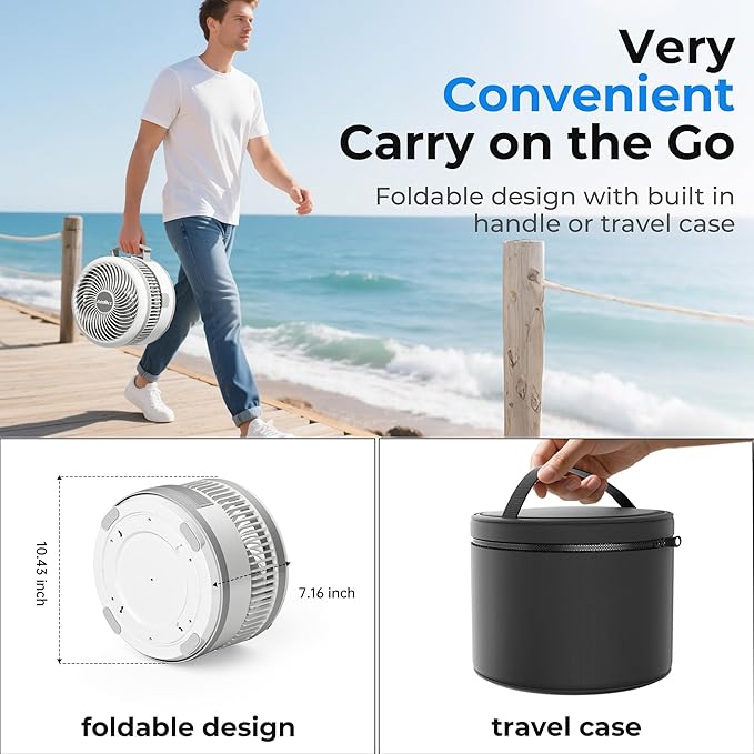 40000mAh Battery Operated Fan, Rechargeable Collapsible Fan, 106H Run, 8 Speeds Oscillating with Remote, Battery Powered with Timer & Light for Travel Cruise Essentials RV Outdoor Power Outage