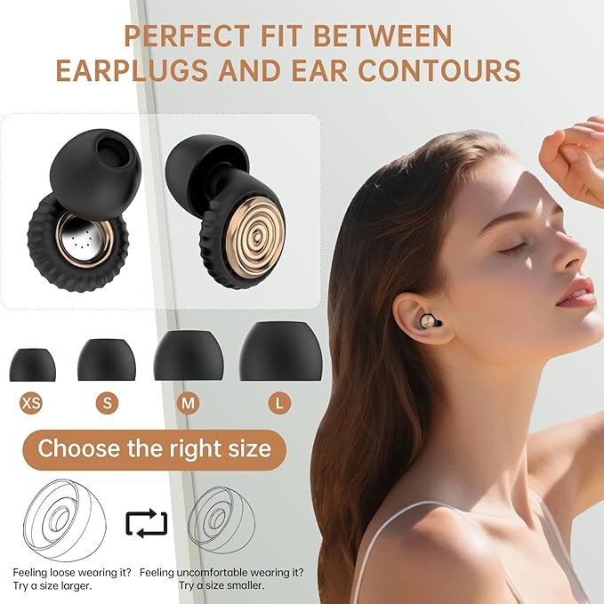 Noise-Cancelling Ear Plugs for Sleeping, Travel, Work and Concerts – Reusable Noise-Reducing Earplugs (XS/S/M/L) Soft Silicone Sleep Earbuds for Comfortable Fit, Hearing Protection(Champagne)