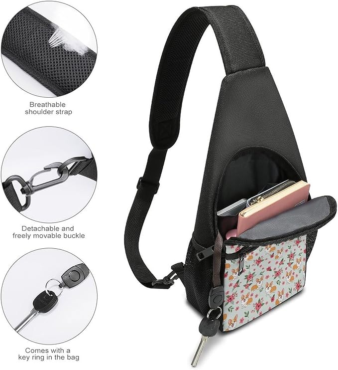 SWEET TANG Sling Bag Crossbody Backpack for Women Men, Breathable Multipurpose Satchel Bag Cute Pink Flowers Floral Corgi, Anti Theft Funny Outdoor Daypack
