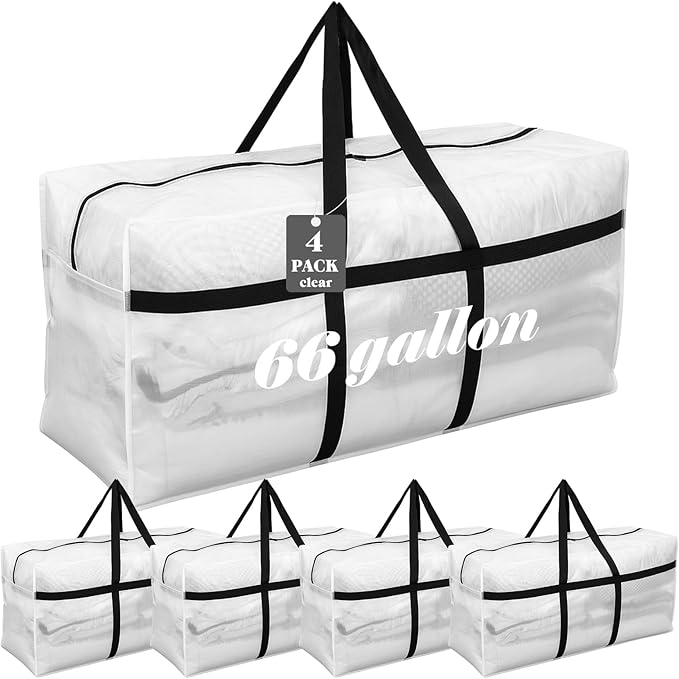4 Pcs 66 Gallon Large Moving Bags with Zipper and Handles Foldable Storage Duffle Bags Heavy Duty Extra Large Totes for College Dorm Travel Clothes Blankets Bedding Moving (Clear)